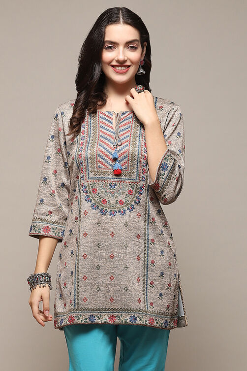 Melange Beige Poly Cotton Straight Printed Kurti image number 5