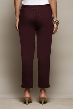 Dark Purple Cotton Slim Solid Pants image number 4