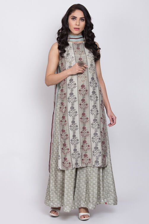 Moss Green Cotton Silk Straight Kurta Sharara Suit Set image number 2