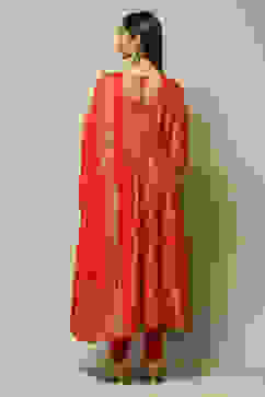 Red Cotton Anarkali Kurta Churidar Suit Set image number 4