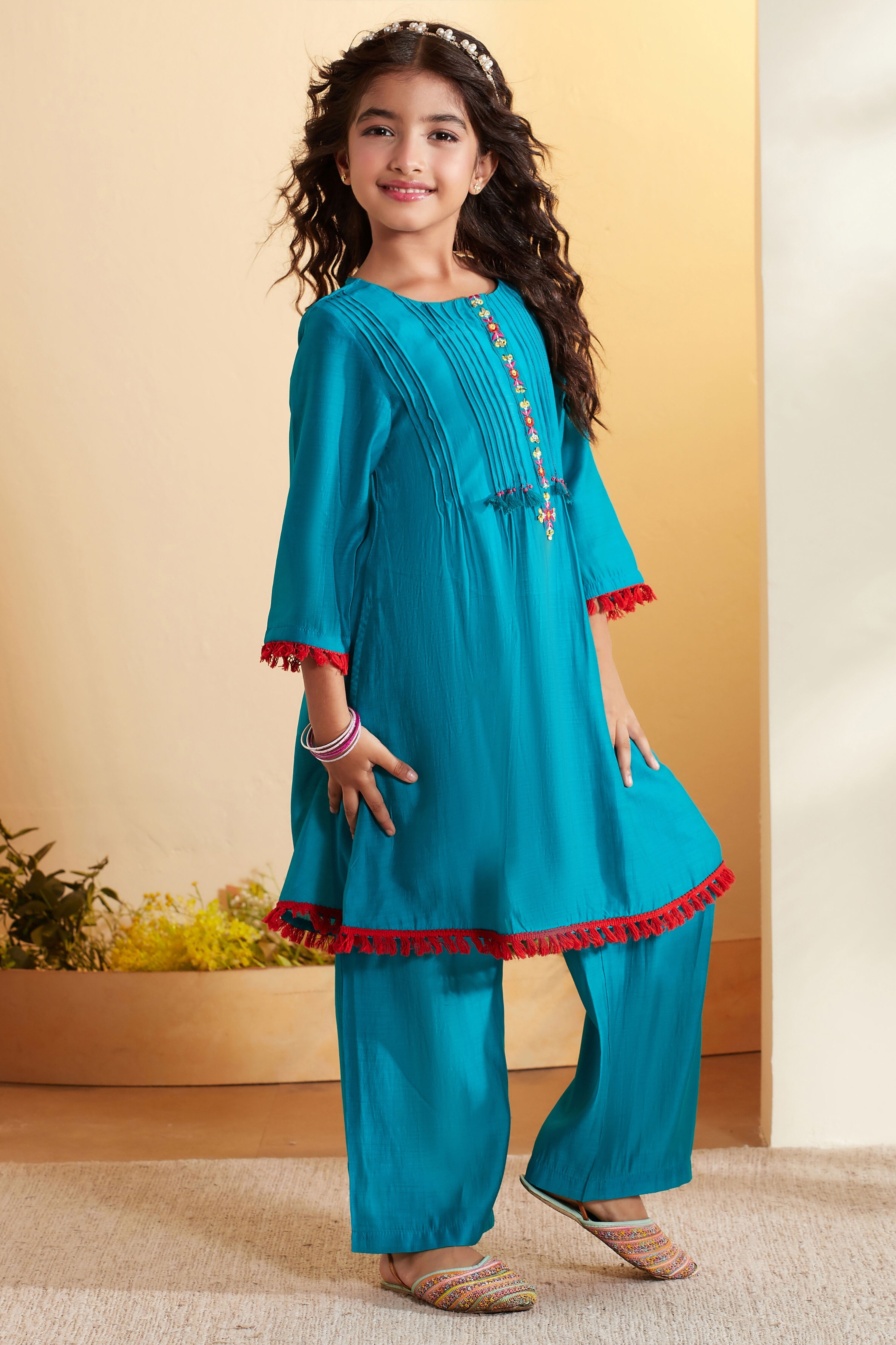 Teal Blue Pleated A-Line Kurta Set image number 5