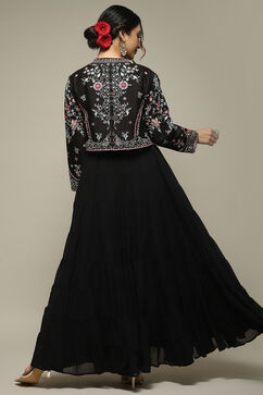 Black Polyester Gathered Embroidered Kurta Suit Set image number 4