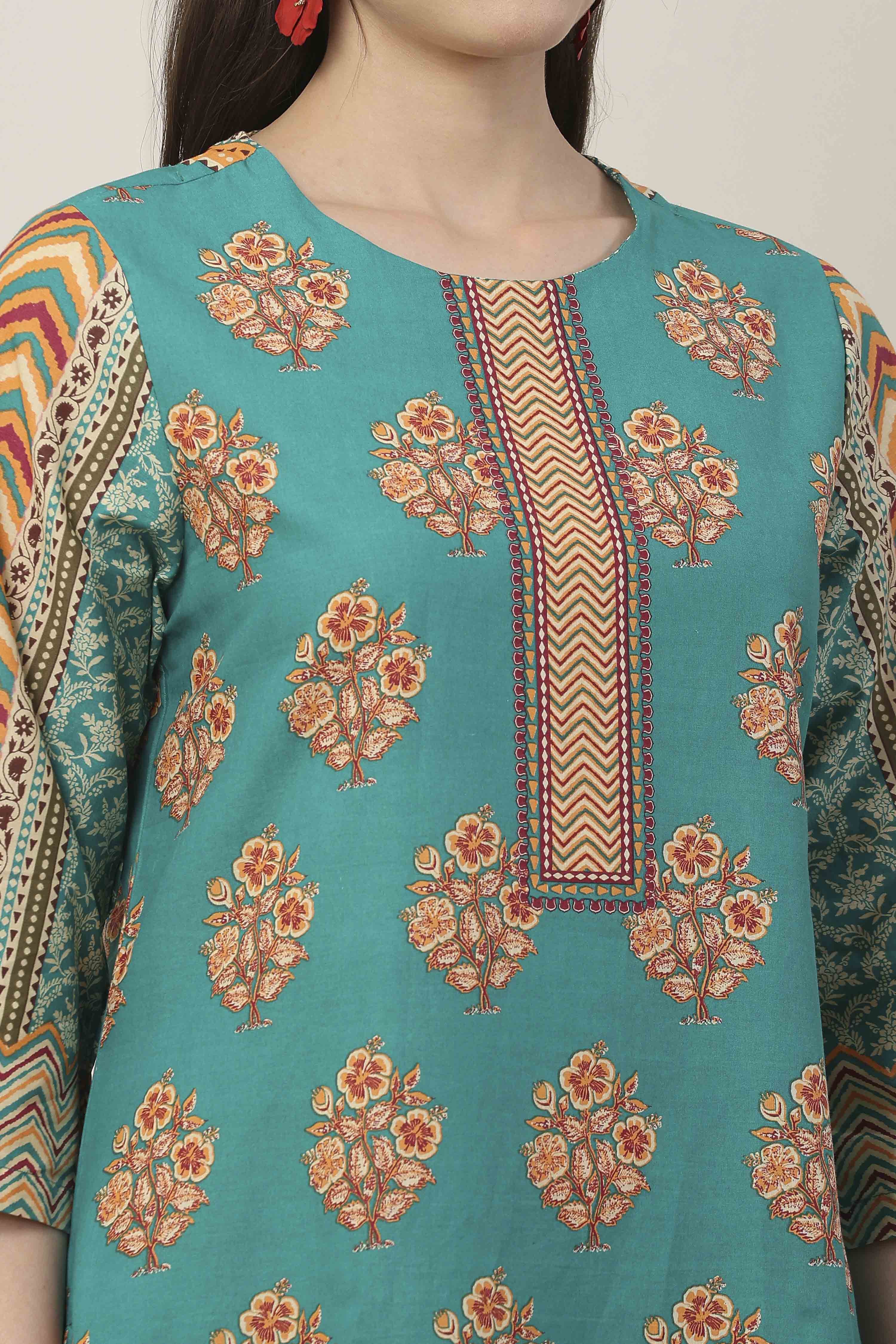 Green Cotton Straight Suit Set image number 1