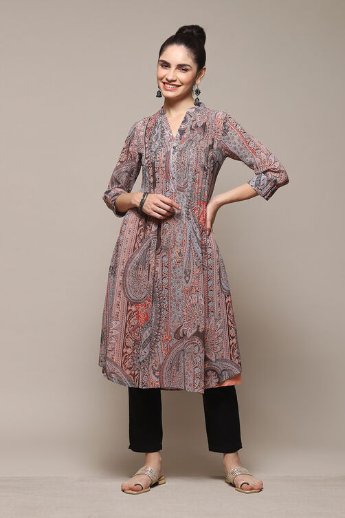 Peach & Blue Polyester Straight Printed Kurta image number 6