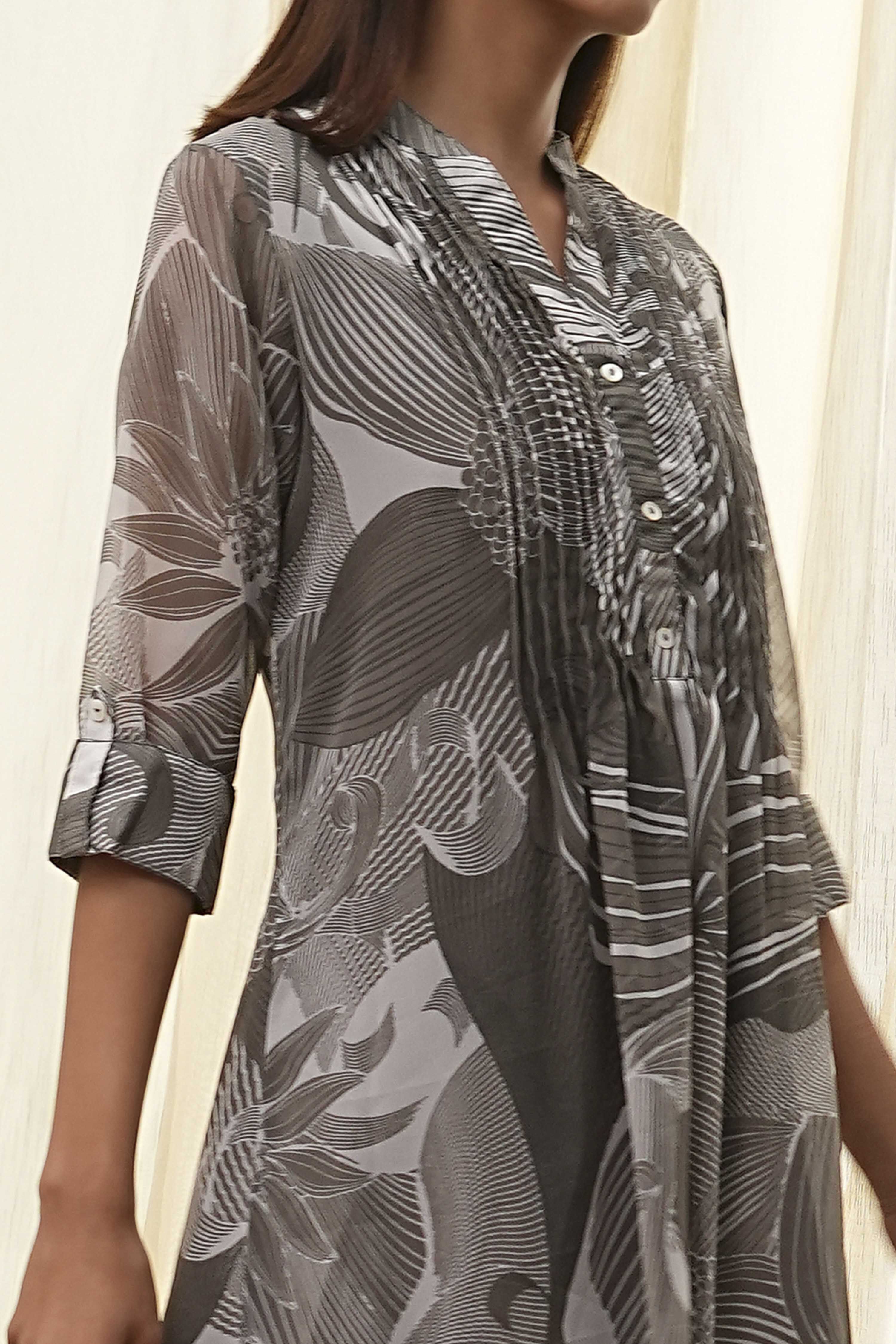 Blue Printed Pleated A-Line Kurta image number 1
