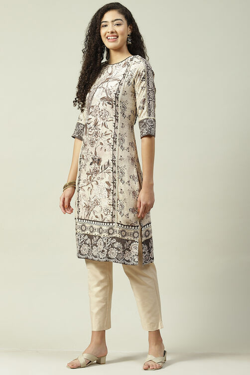 Beige LIVA Straight Printed Kurta image number 2