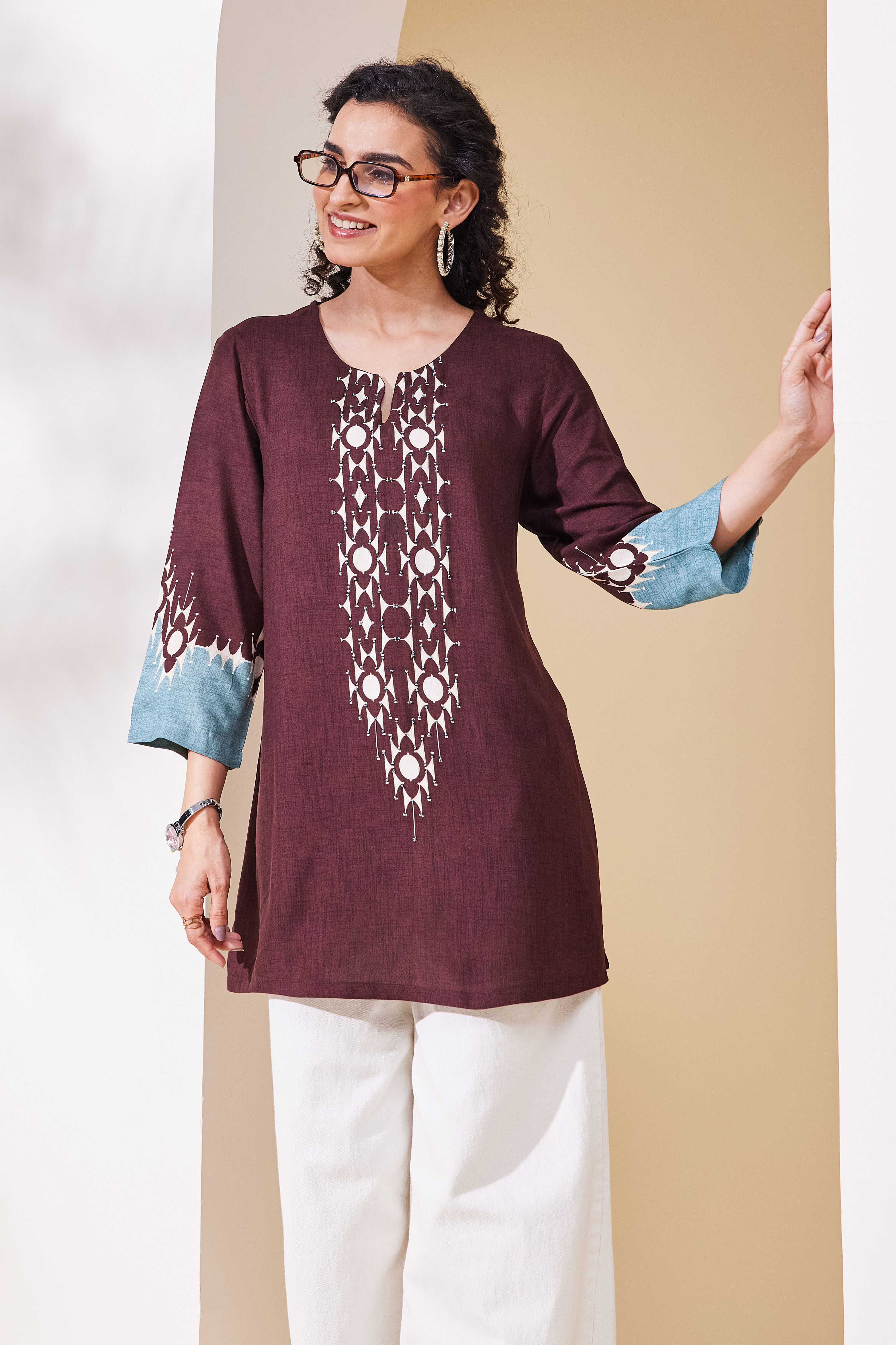 Brown Viscose Rayon Straight Top image number 6