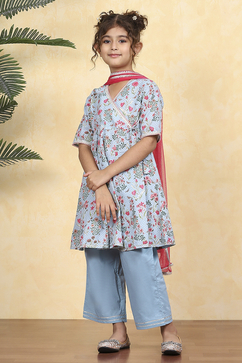 Blue Cotton Printed Anarkali Suit Set image number 0