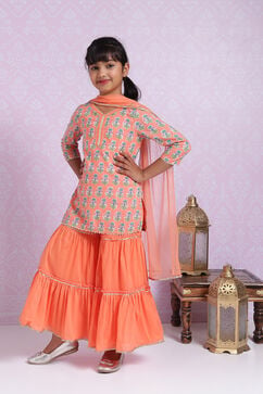 Peach Cotton Straight Kurta Sharara Suit Set image number 6