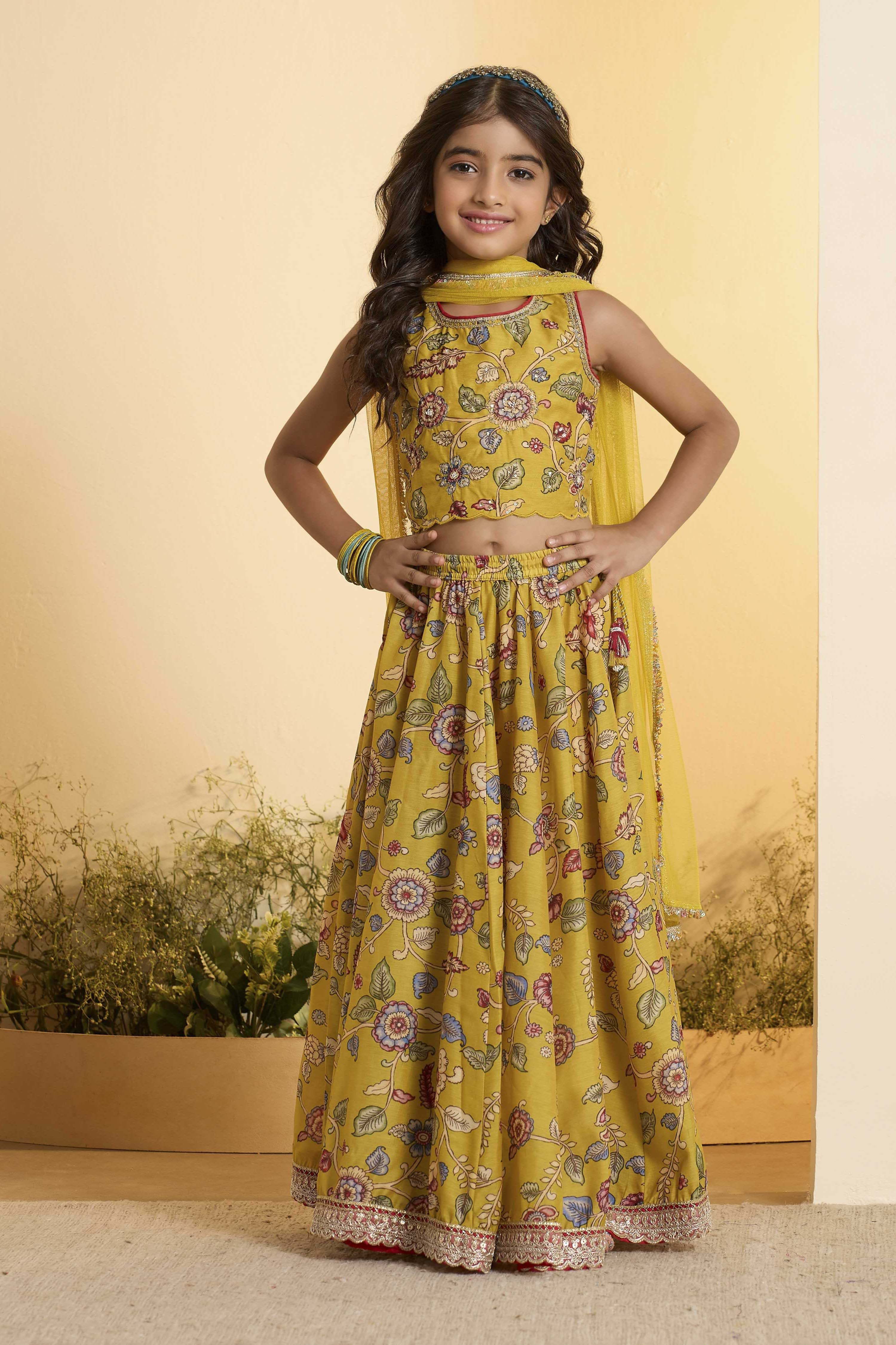 Mustard Yellow Floral Flared Lehenga Set image number 6