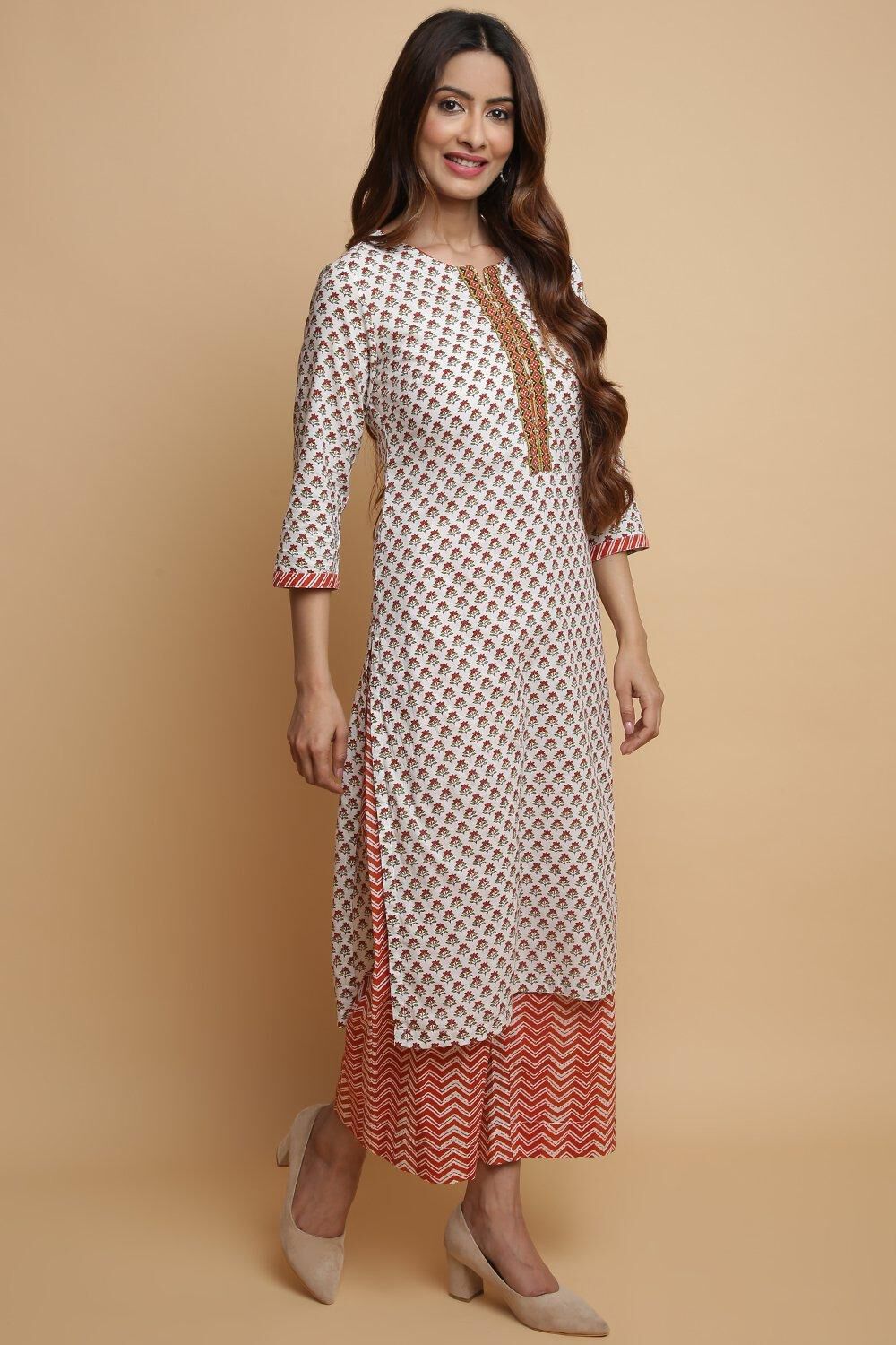 Off White Cotton Straight Kurta Palazzo Suit Set image number 5