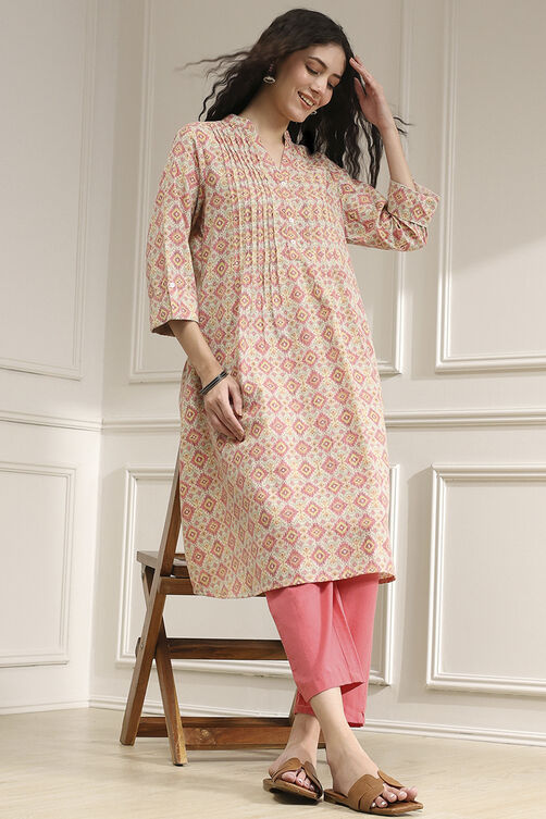 Blue Cotton Printed A-Line Kurta image number 0