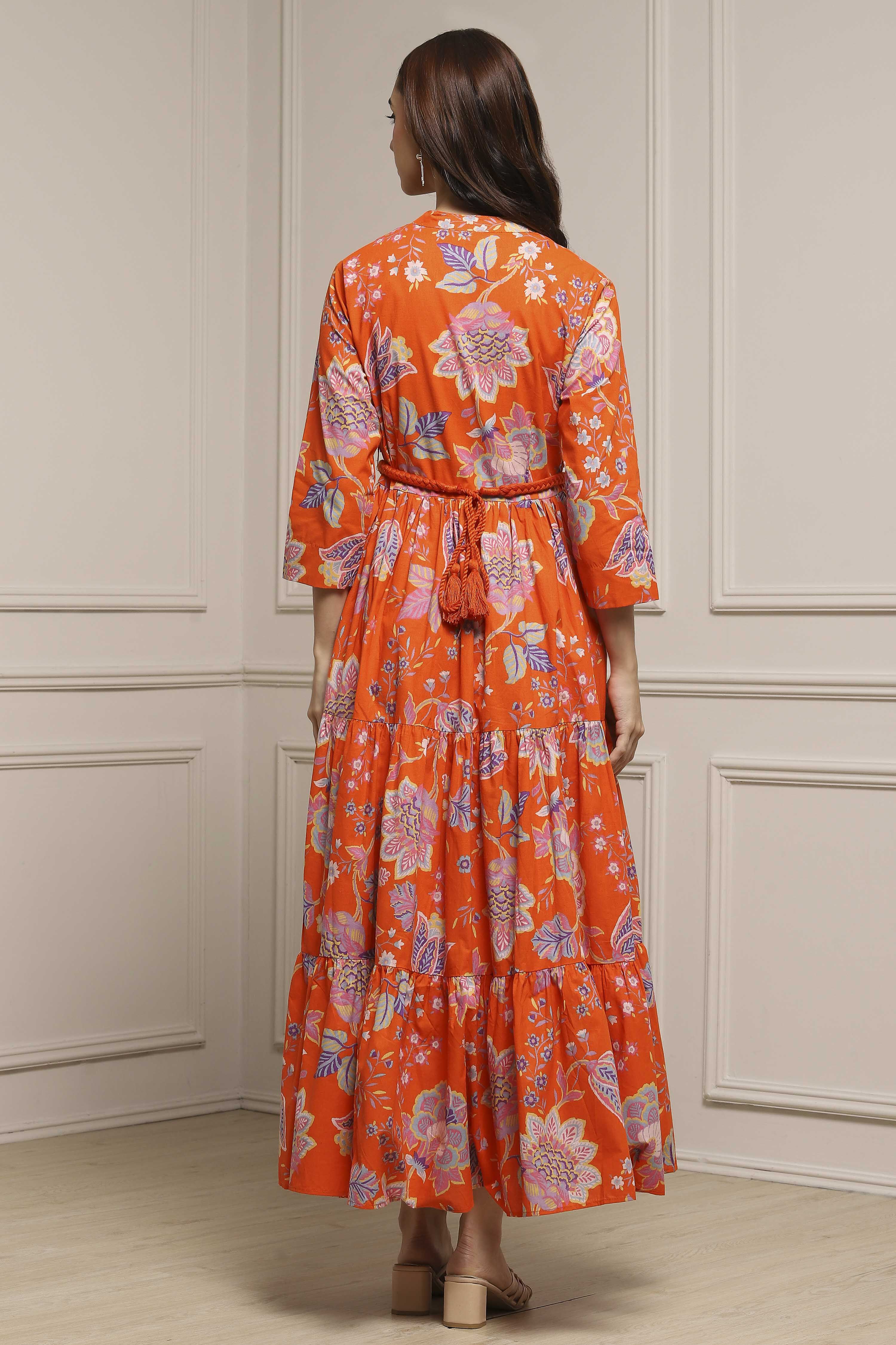 Orange Cotton Floral Tiered Dress image number 3