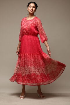 Red Cotton Blend Tiered Printed Dress image number 0