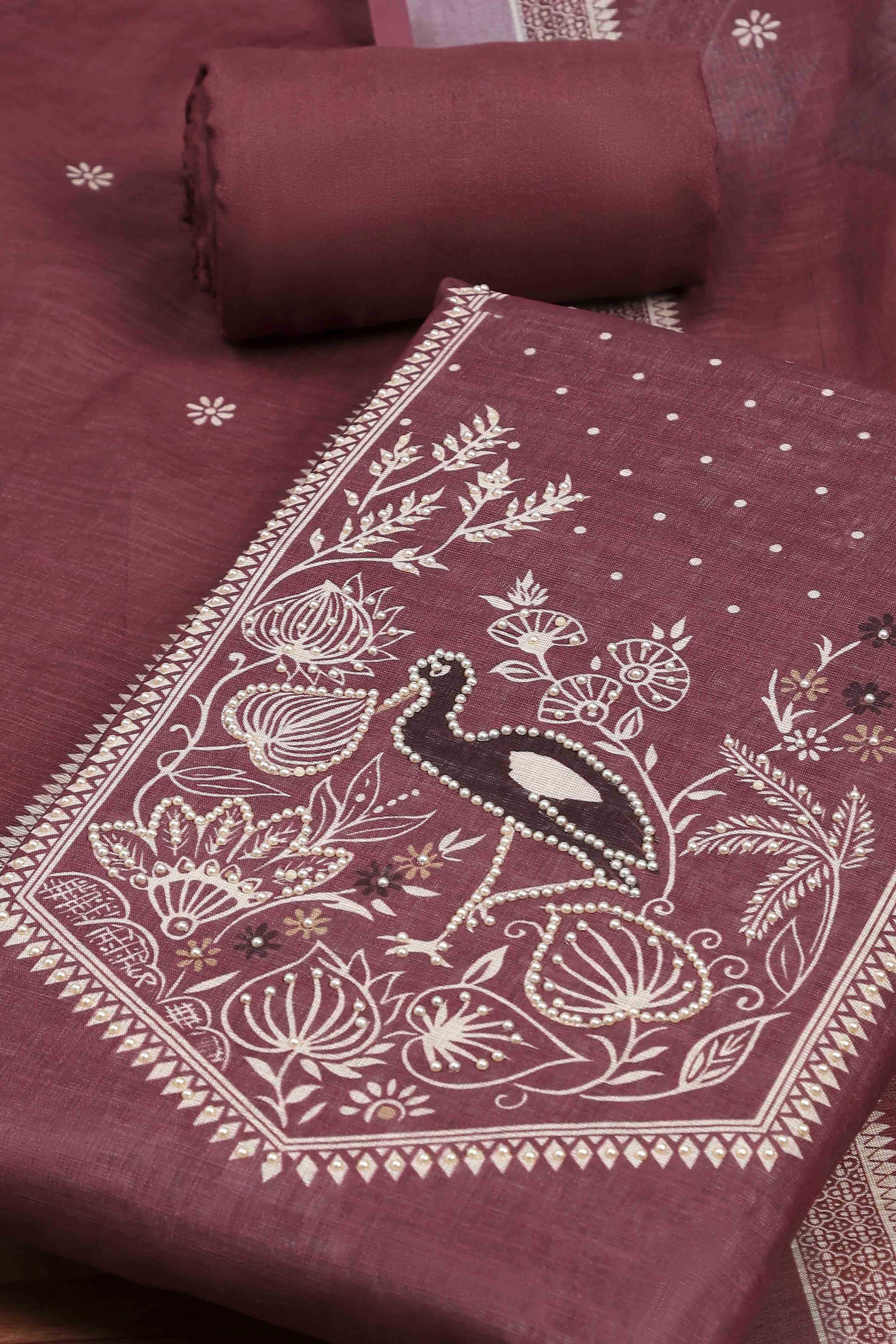 Dark Beige Linen Embroidered Unstitched Suit Set image number 1