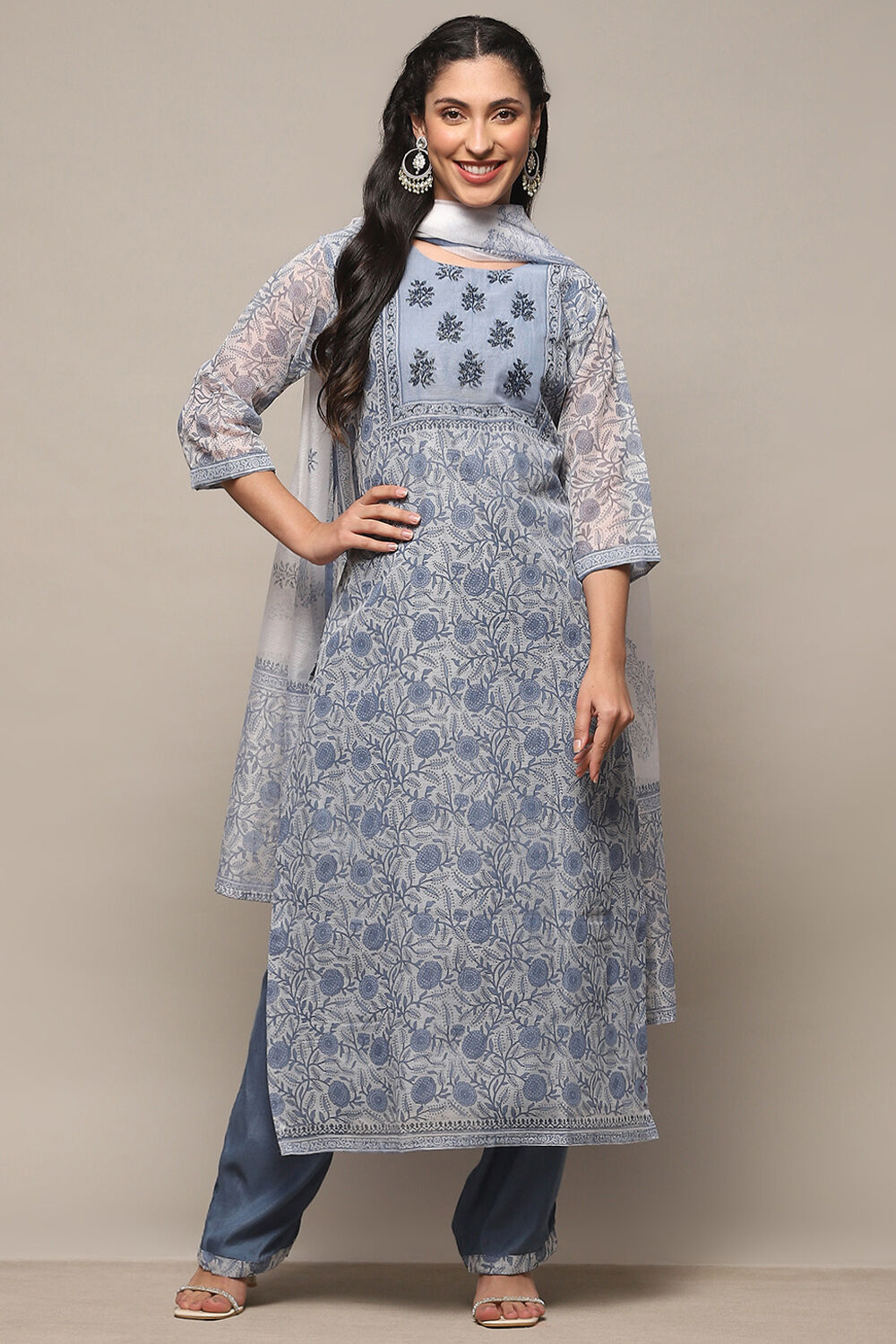 Blue Polyester Unstitched Suit set image number 8