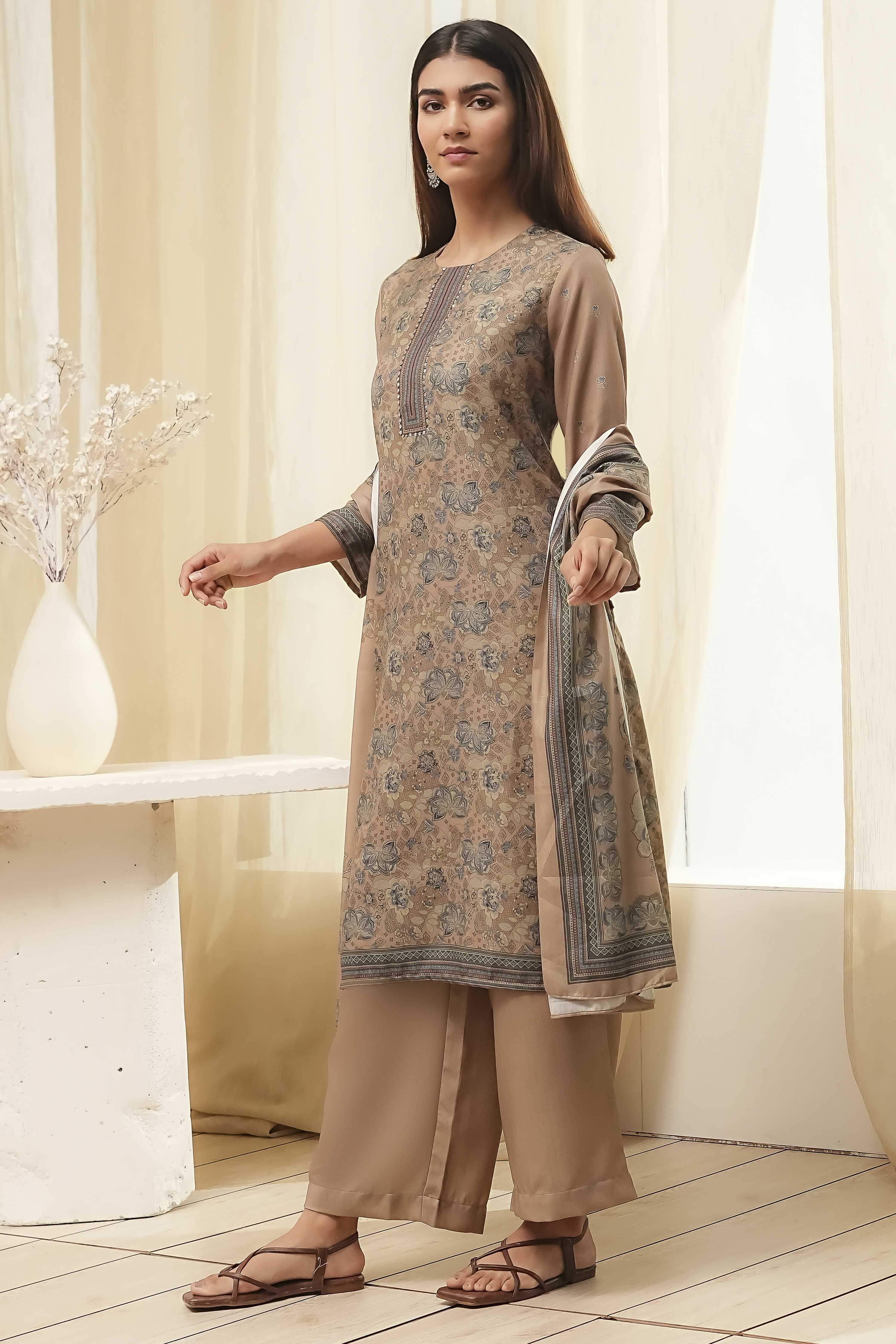 Camel Art Silk Straight Suit Set image number 3