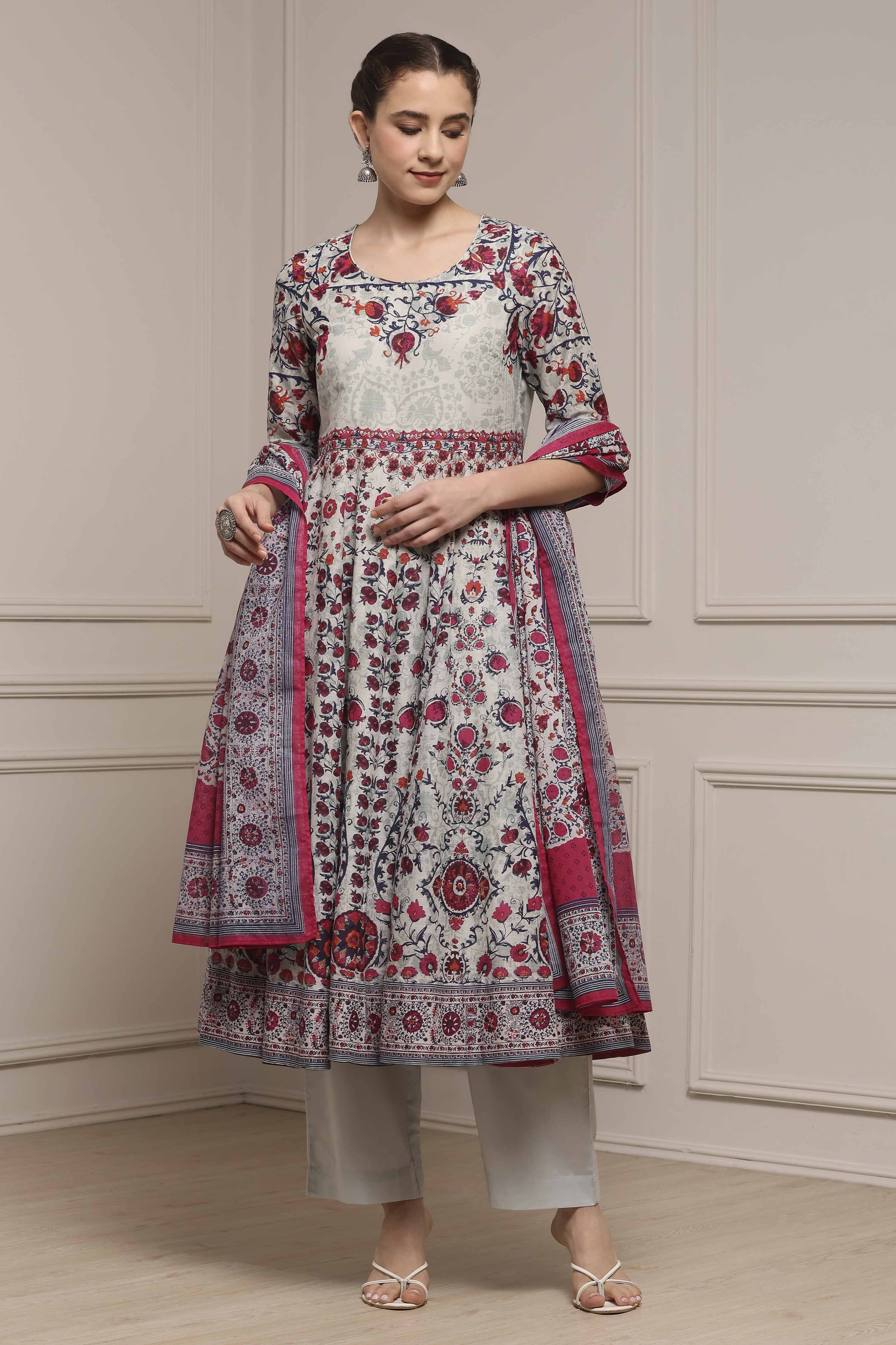 Aqua Cotton Anarkali Printed Suit Set image number 0