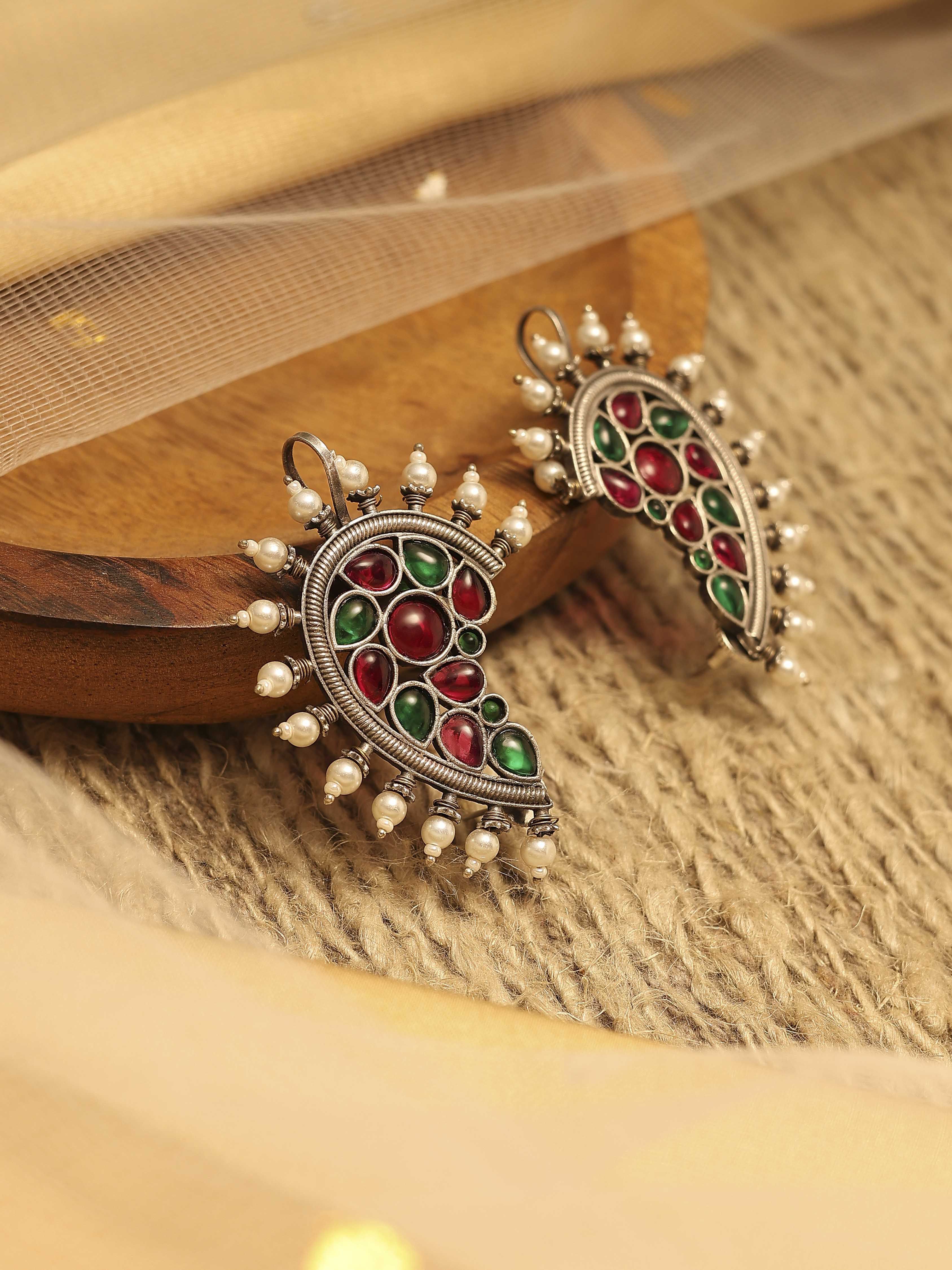 Oxidised Brass Multicolour Ear Cuff Earrings image number 0