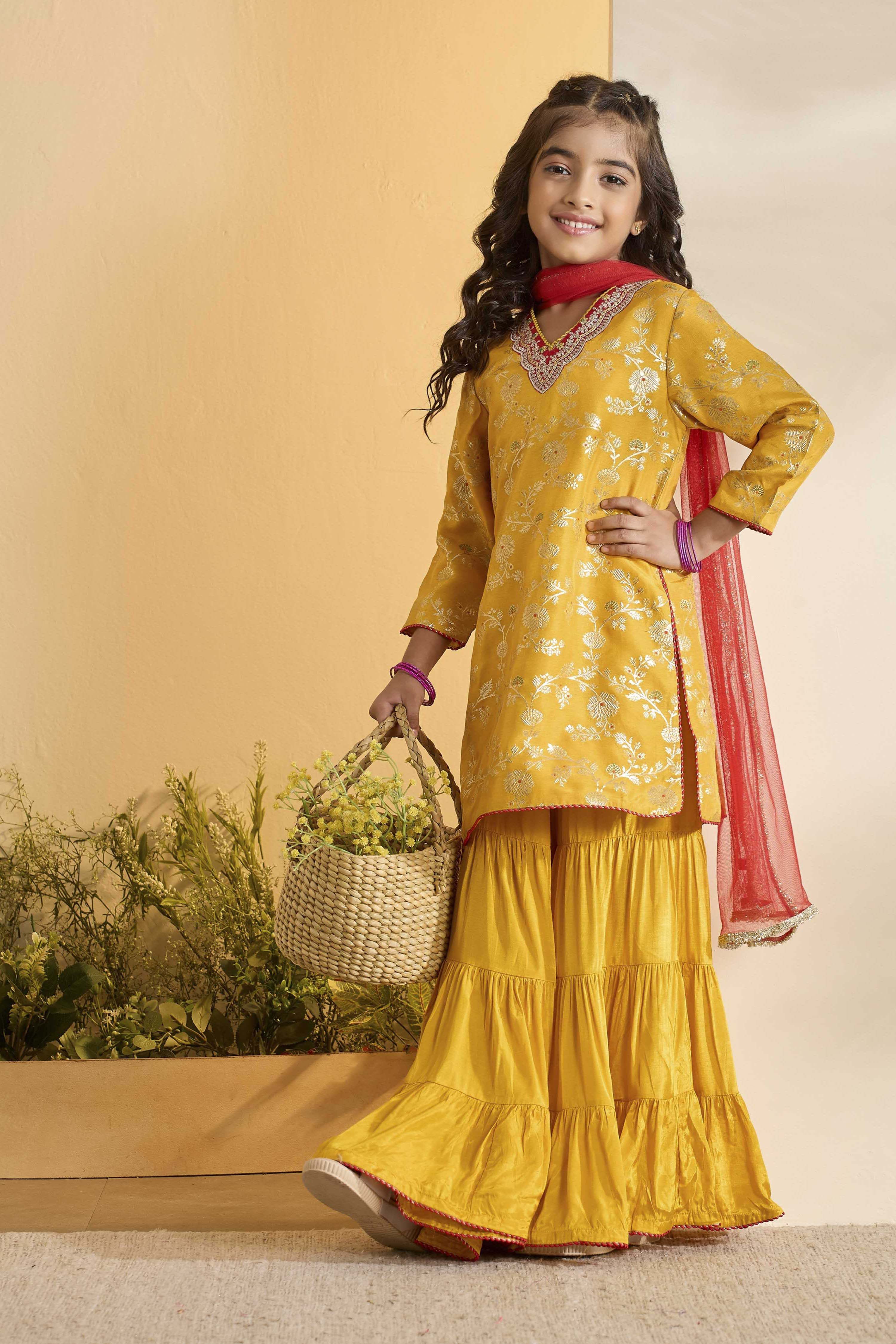 Yellow Floral Printed Straight Sharara Kurta Set image number 0