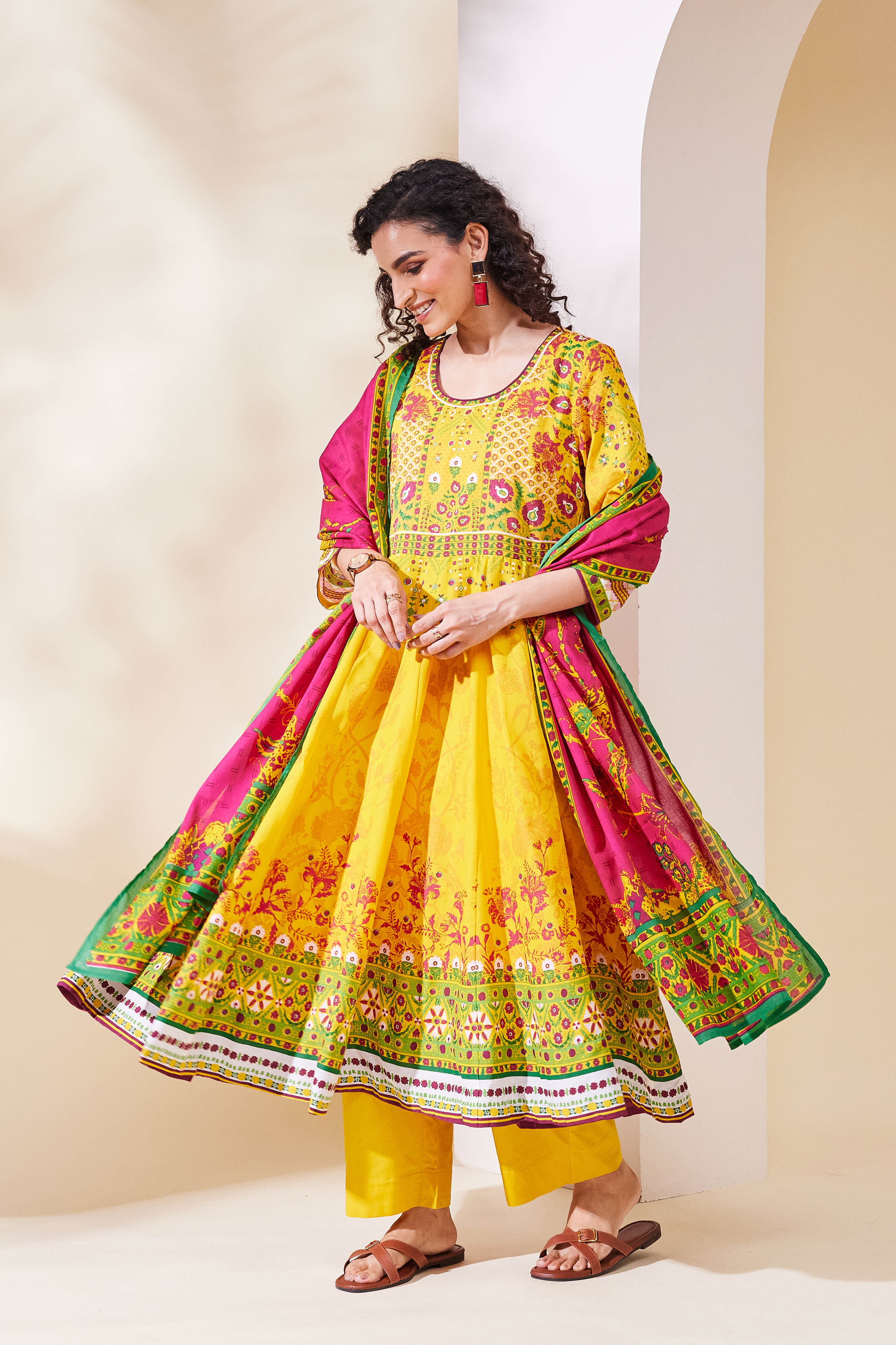 Yellow Cotton Anarkali Suit Set image number 3