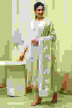 Beige Chanderi Hand Painted Unstitched Suit Set image number 7