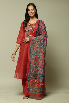 Red Chanderi Machine Embroidered Unstitched Suit Set image number 1