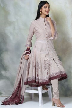 Light Purple Cotton Asymmetric Kurta Churidar Suit Set image number 0