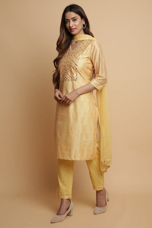 Mango Yellow Cotton Blend Straight Kurta Pants Suit Set image number 3