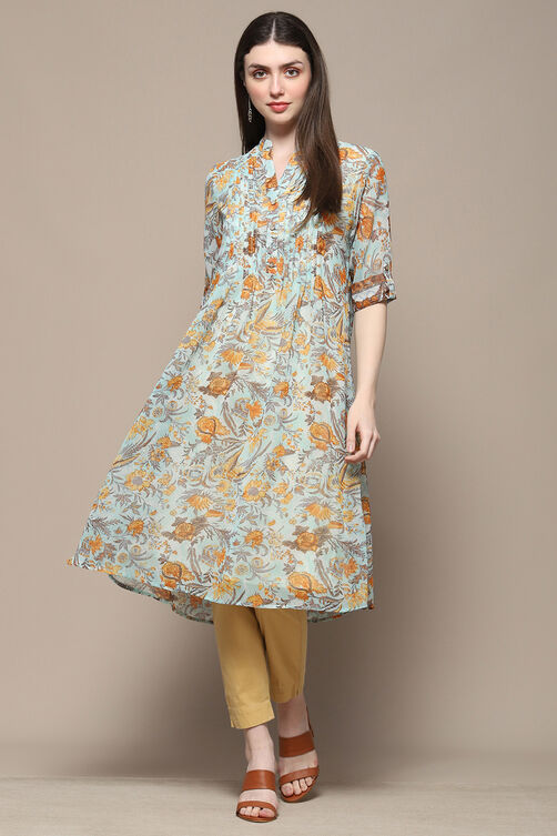 Yellow Teal Polyester Straight Kurta image number 0