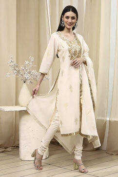 Off White Poly Chanderi Fitted Suit Set image number 5