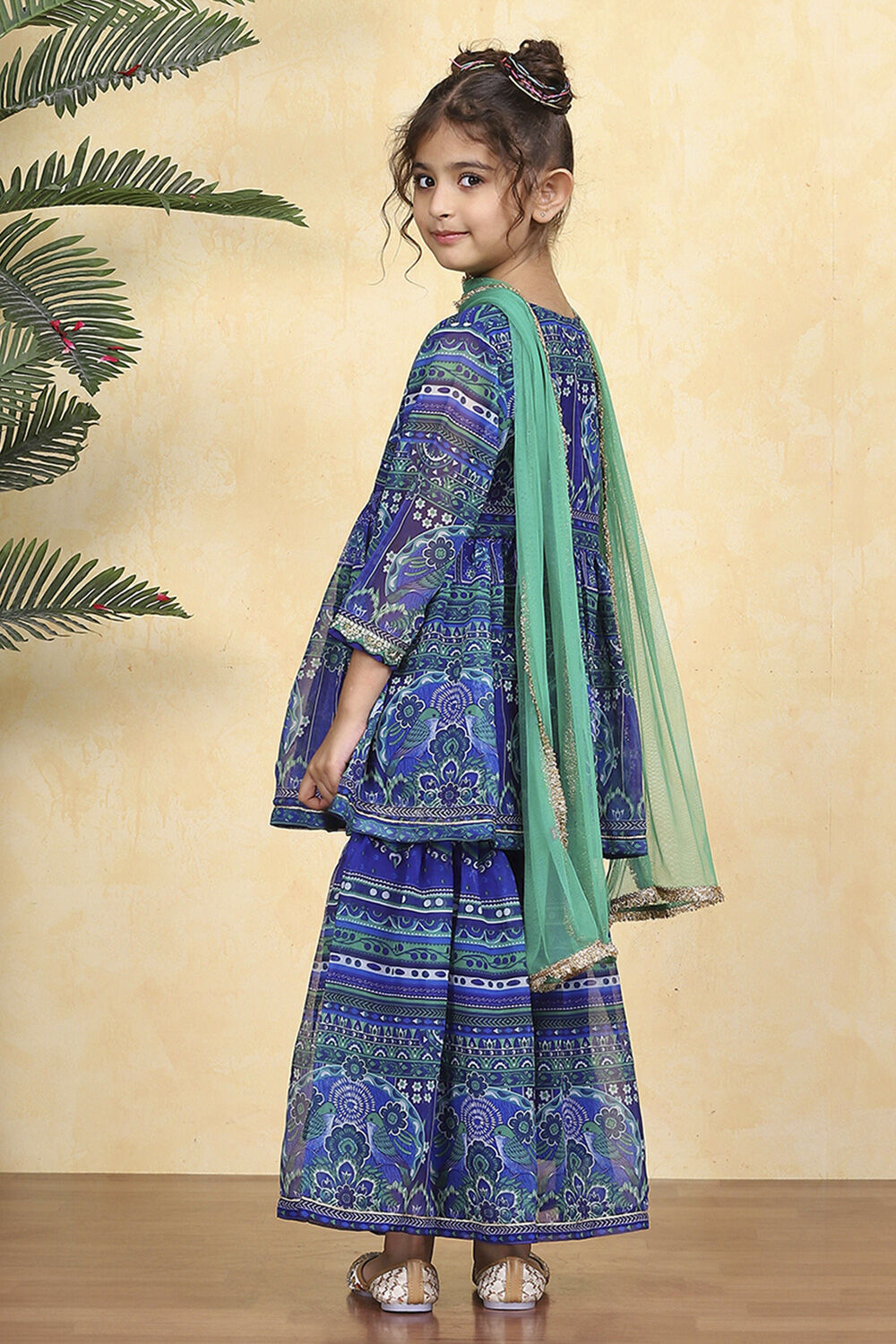 Blue Polyester Printed Gathered Sharara Suit Set image number 4