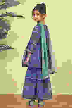 Blue Polyester Printed Gathered Sharara Suit Set image number 4