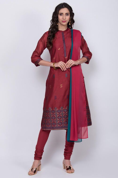 Maroon Straight Kurta Churidar Suit Set image number 2