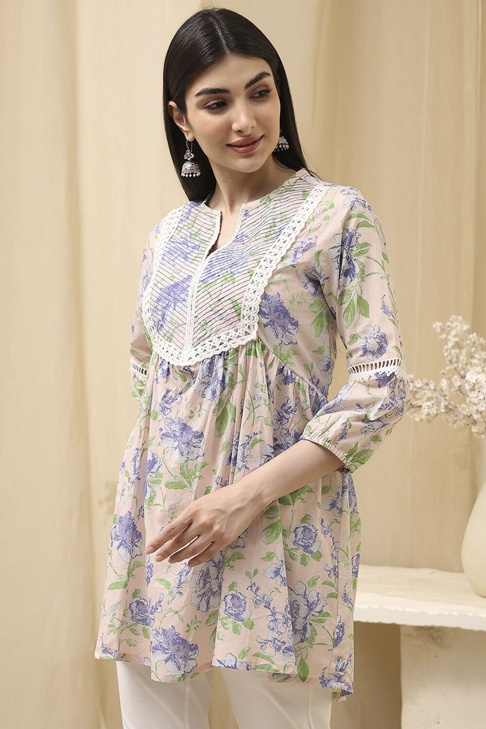 Earthy Blue Cotton Floral Flared Short Kurta image number 1