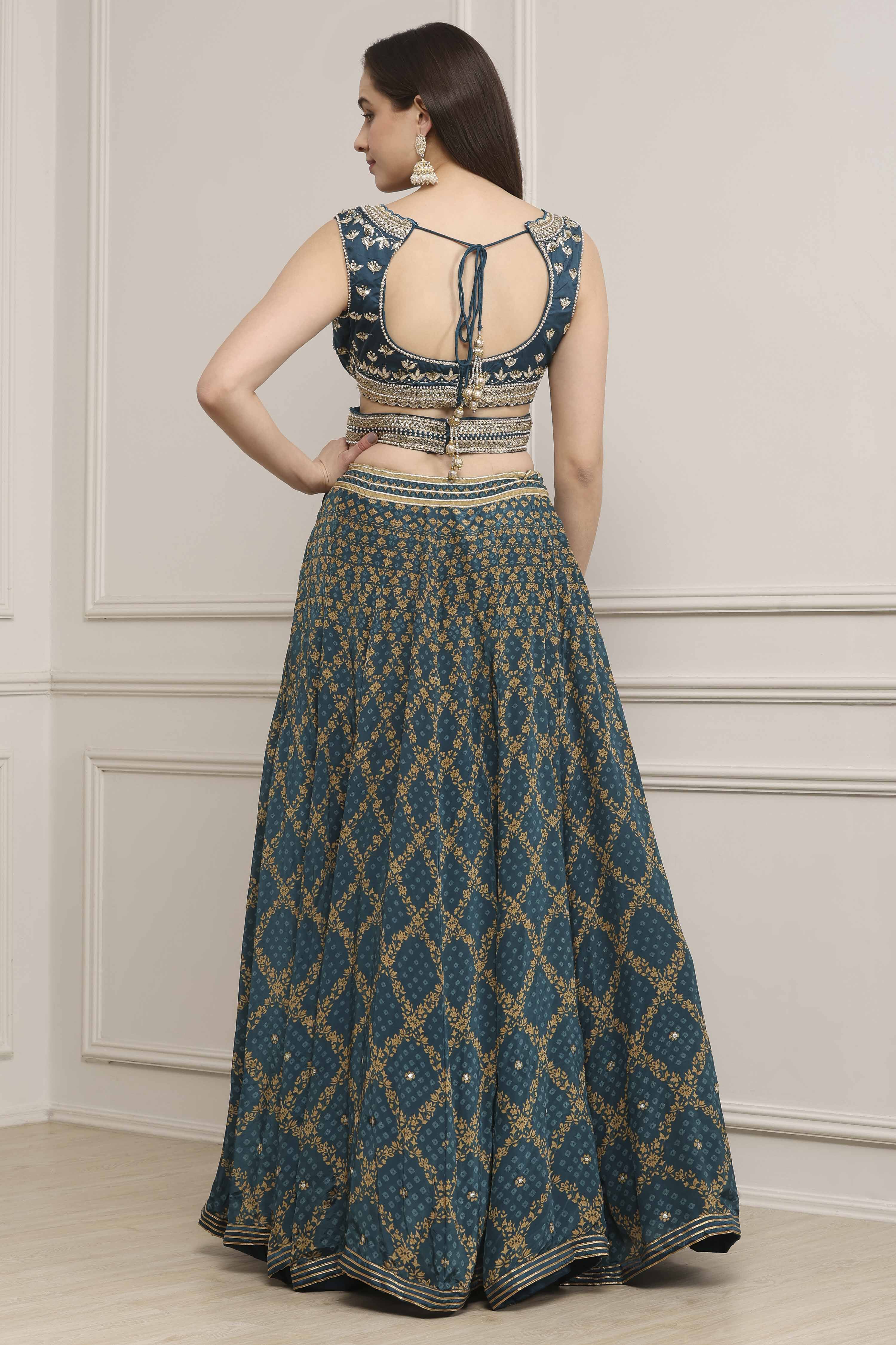 Teal Cotton Blend Dyed Lehenga Set image number 4