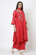 Red Poly Cotton Straight Kurta Palazzo Suit Set image number 0