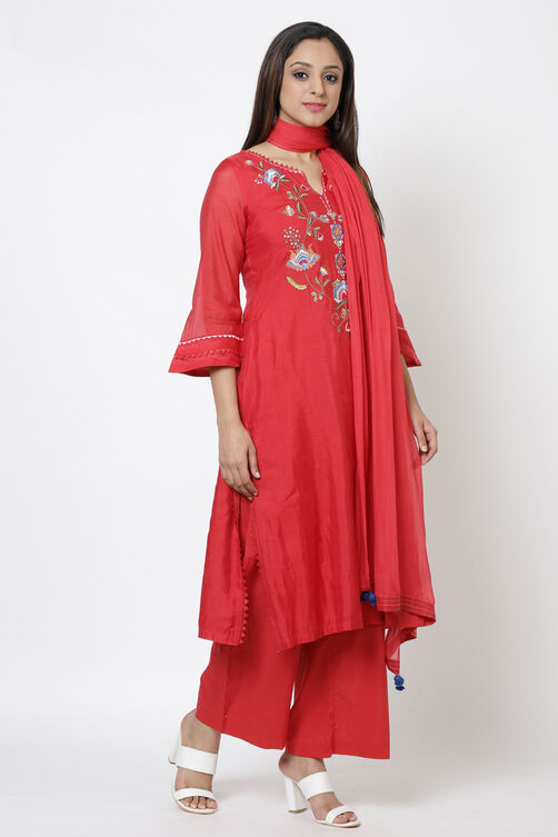 Red Poly Cotton Straight Kurta Palazzo Suit Set image number 0