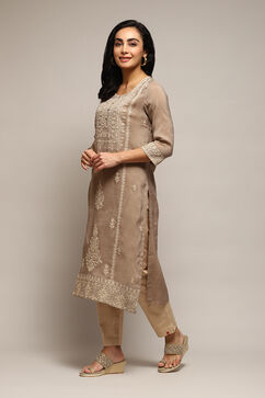 Grey Polyester Straight Yarndyed Kurta image number 2