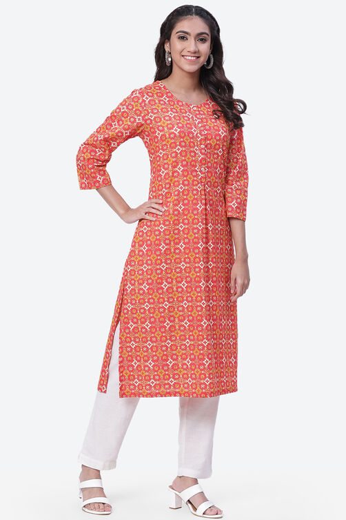 Coral Pink Cotton A-Line Kurta image number 3