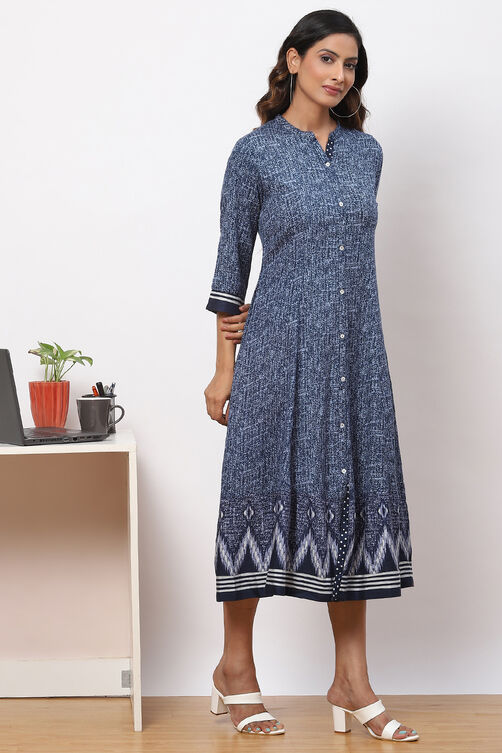 Indigo LIVA A-Line Printed Kurta Dress image number 3