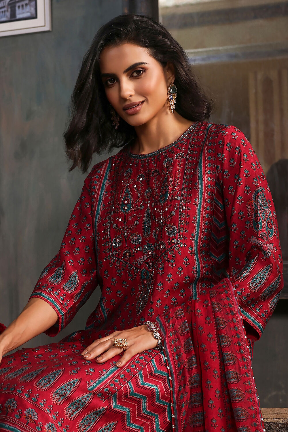 Blue Printed Straight Suit Set image number 0