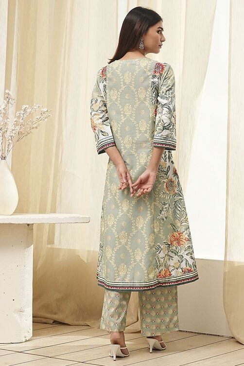 Sage Green Pure Cotton Floral Kalidar Suit Set image number 4