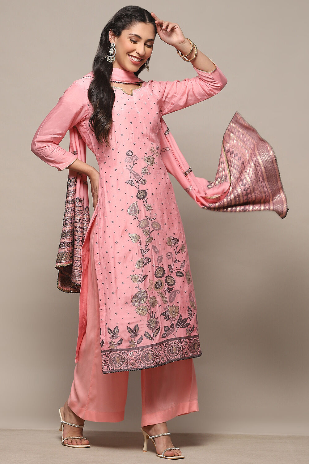 Blue Chanderi Unstitched Suit Set image number 1