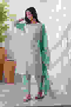 Aqua Yard-Dyed Chanderi Kurta & Pants Suit Set image number 6