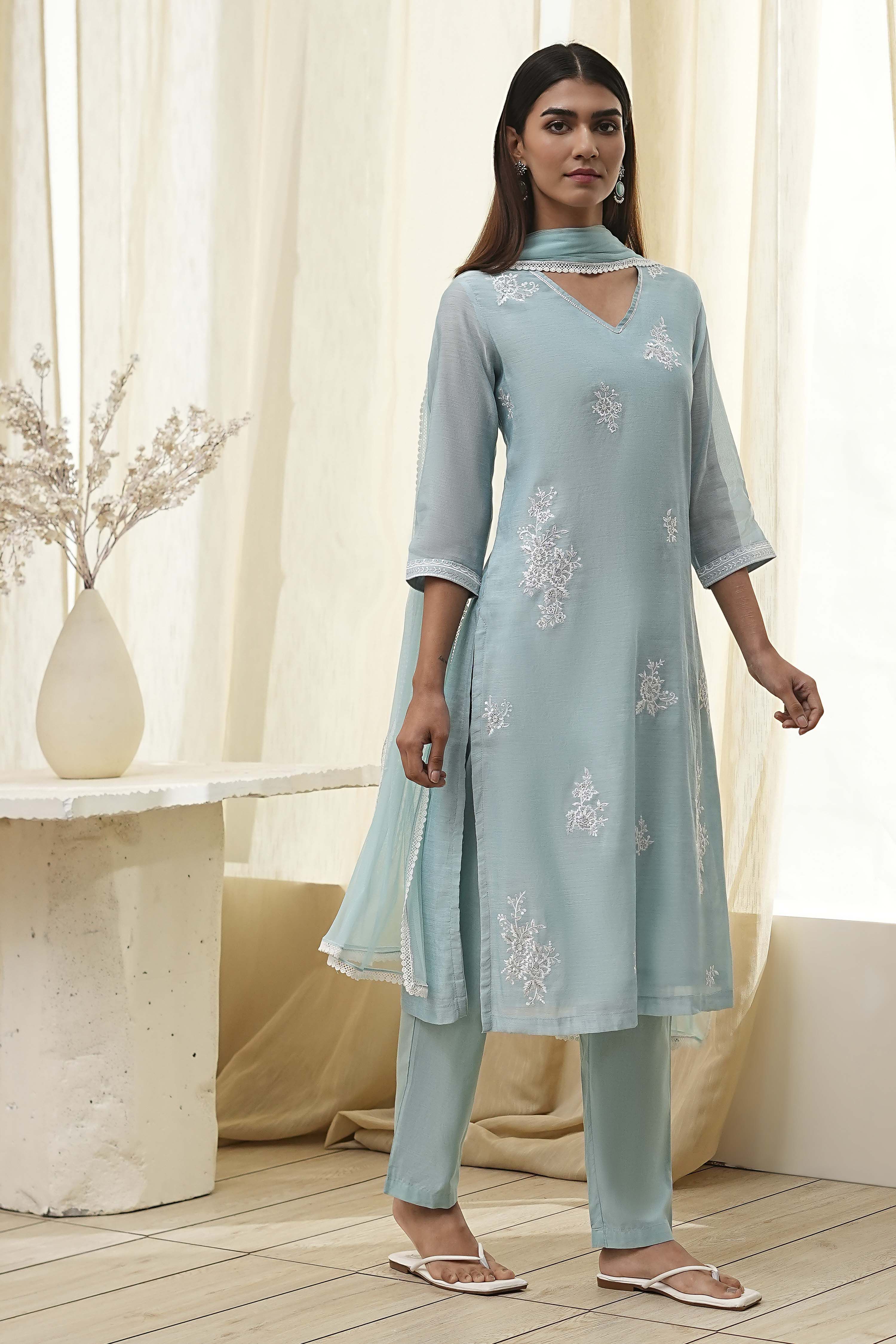 Aqua Embroidered Straight Suit Set image number 6