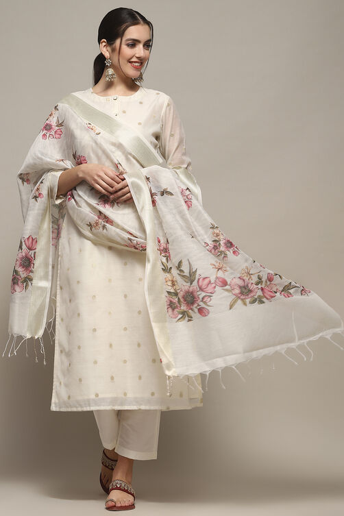 Off White Chanderi Unstitched Suit set image number 1