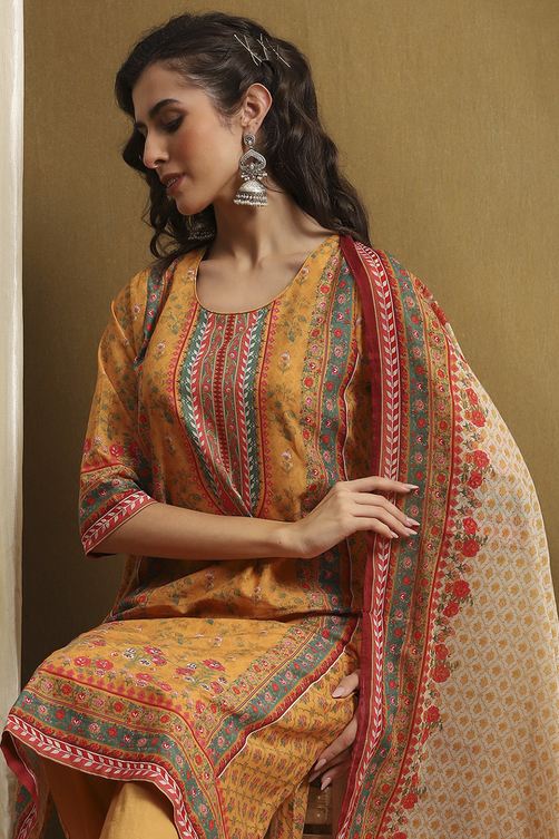 Moss Green Cotton Floral Printed Straight Suit Set image number 7