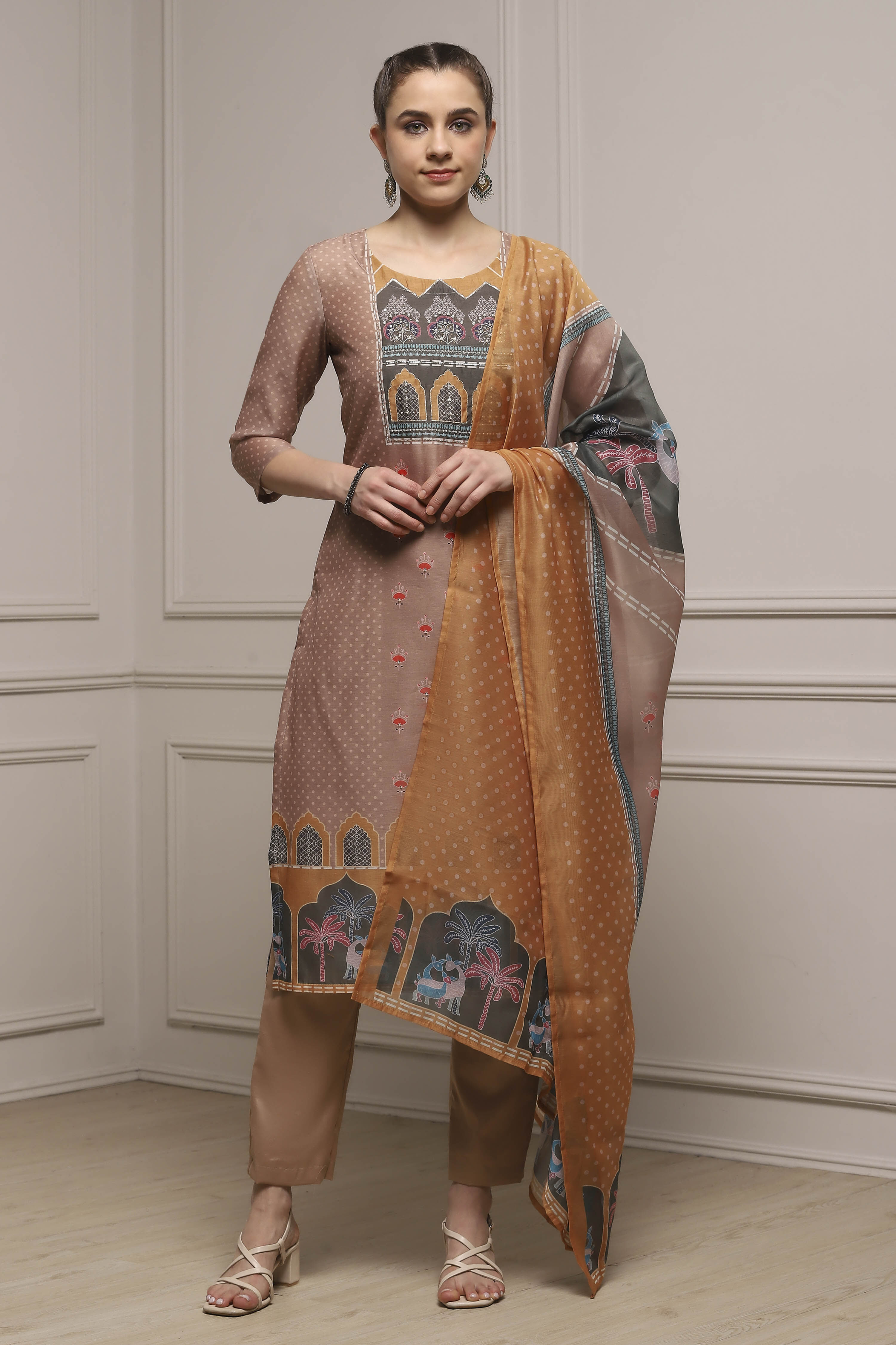 Brown Chanderi Blend Printed Embroidered Unstitched Suit Set image number 1