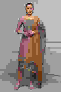 Brown Chanderi Blend Printed Embroidered Unstitched Suit Set image number 1